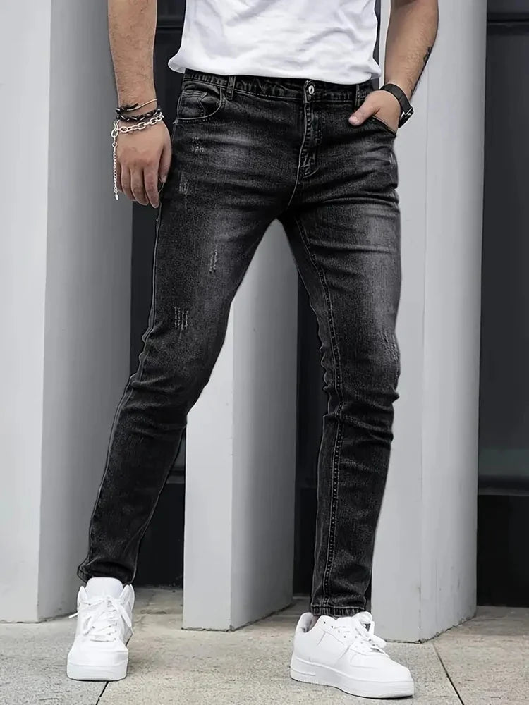 2025 Men's Slim Four-Season Washed Fashion Jeans Stretch Slim Fit Light Blue Gray Black Casual Denim Pants