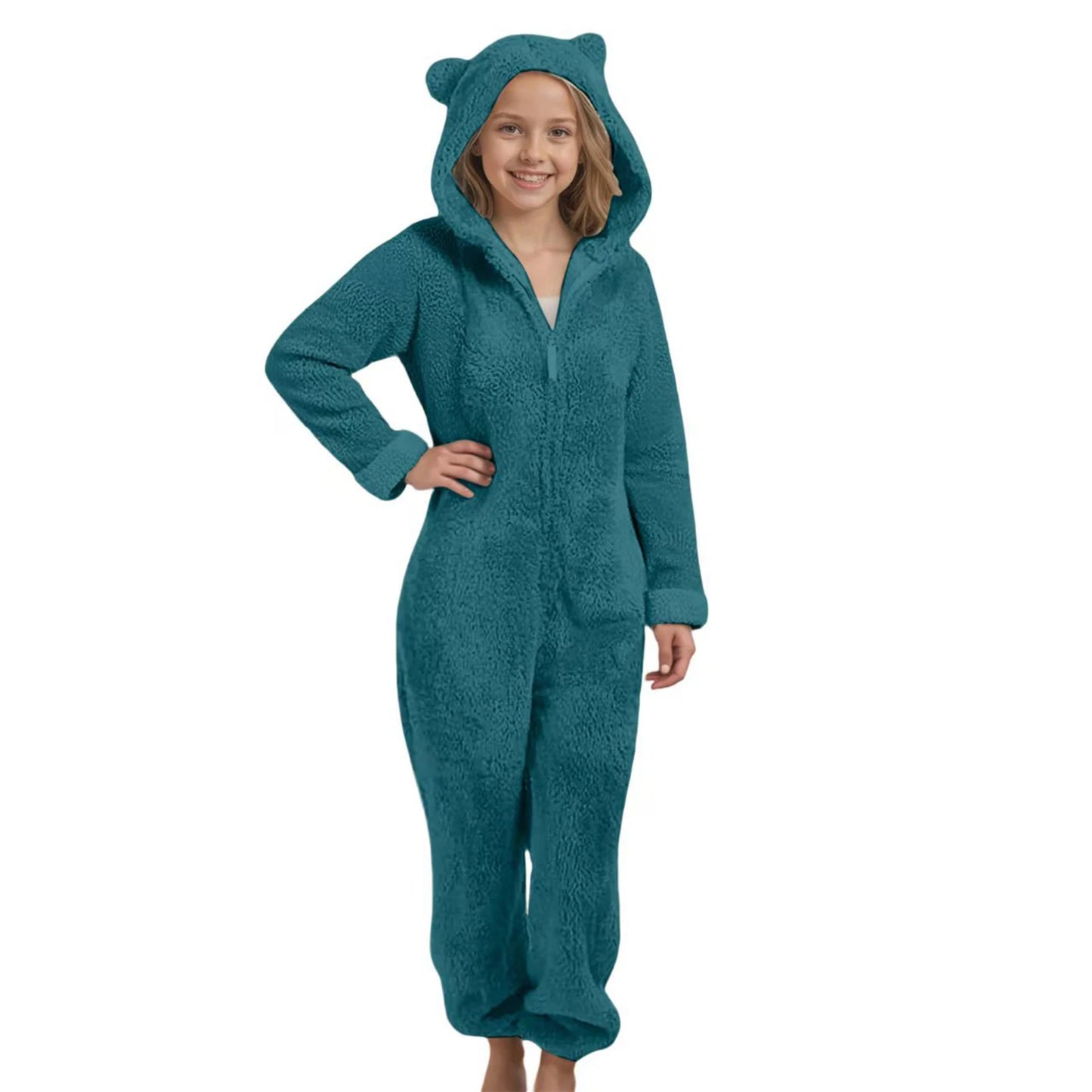 Autumn Winter Children's Boys Girls Thickened Hooded Jumpsuit Pajamas Cute Hooded Long Sleeved Zipper Plush Warm Home Clothes