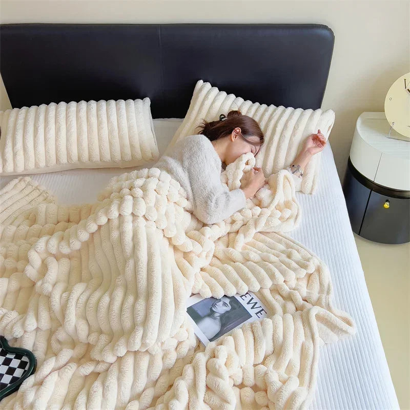 Imitation Rabbit Velvet Spring Autumn Warm Blankets or Blanket and Pillowcase Soft Fluffy Warmth Throw Blankets for Sofa Napping
