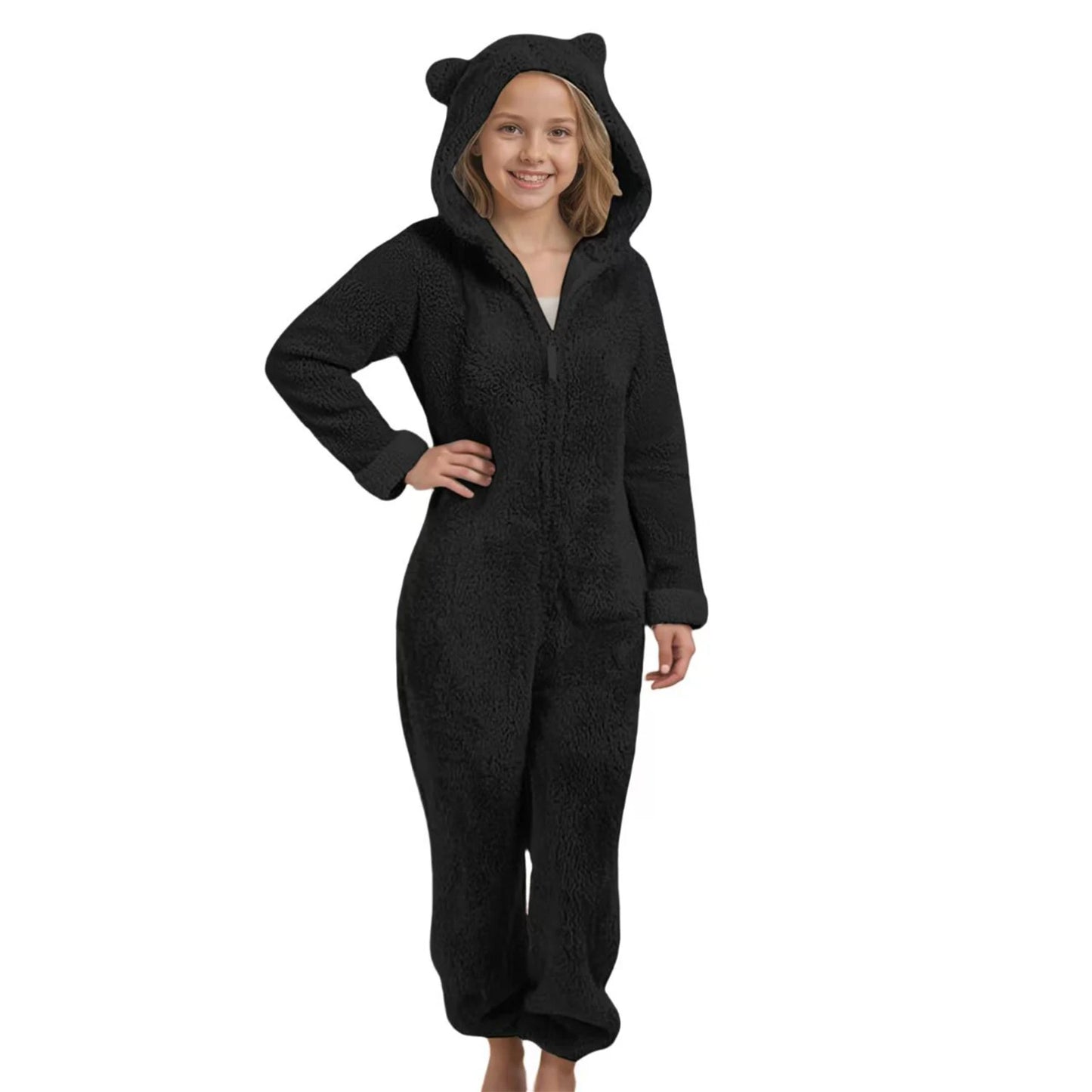 Autumn Winter Children's Boys Girls Thickened Hooded Jumpsuit Pajamas Cute Hooded Long Sleeved Zipper Plush Warm Home Clothes