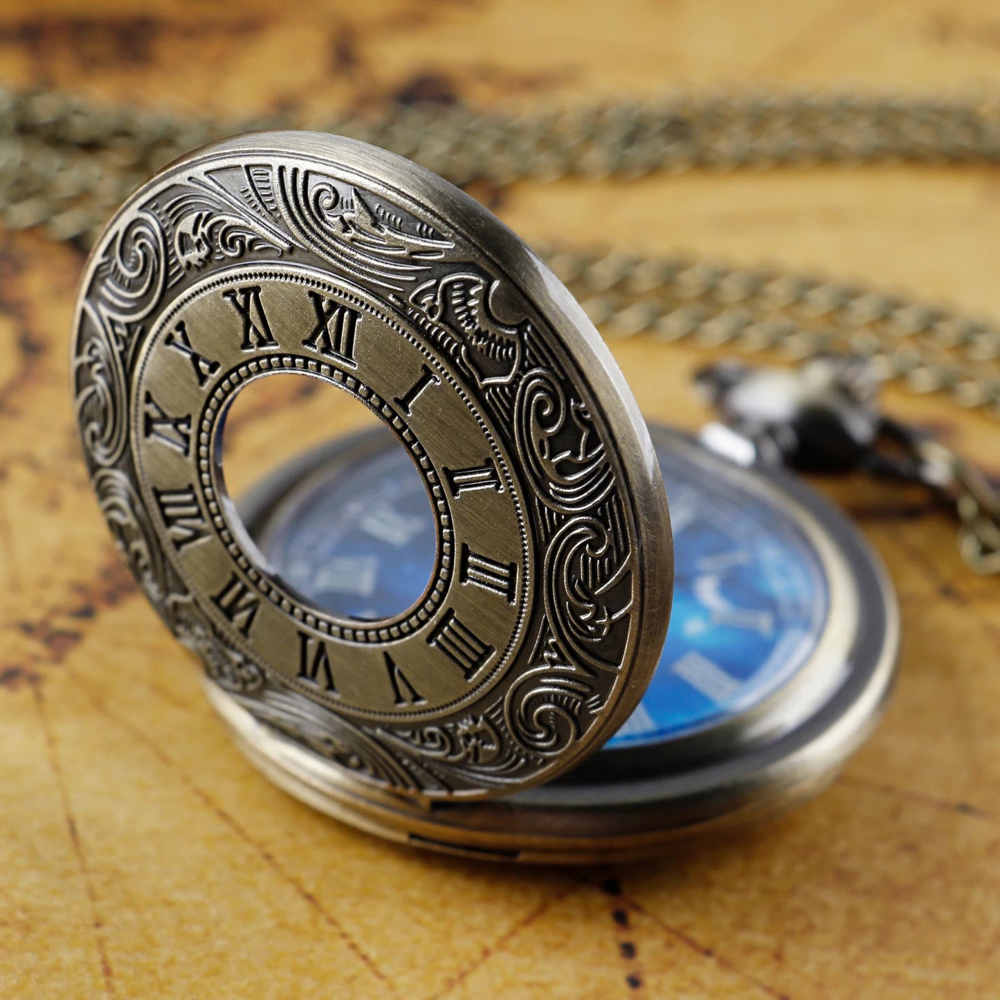 Special Antique Design Blue Dial Quartz Pocket Watch Vintage Necklace Pendant Clock Men's and Women's Best Holiday Gift