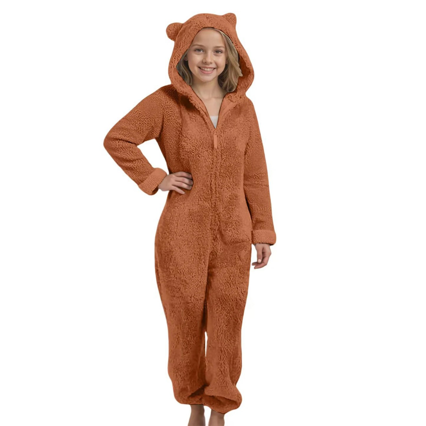 Autumn Winter Children's Boys Girls Thickened Hooded Jumpsuit Pajamas Cute Hooded Long Sleeved Zipper Plush Warm Home Clothes