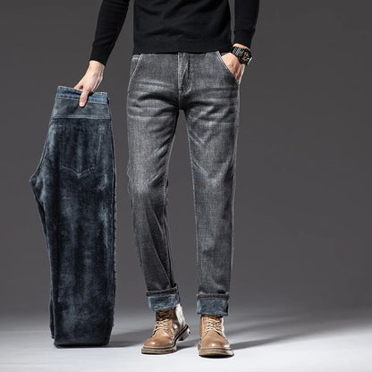 2024 New Men's Clothing Casual Jeans Winter New Fleece Pants Thick Warm Fashion Straight Fit Male Denim Trousers