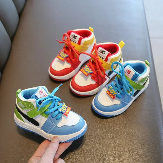 New Fashion Color Block Children Sports Shoes Lace Up Sewing Thread Kids Non Slip Soft Soled Thick Flat Shoes Casual Sneakers