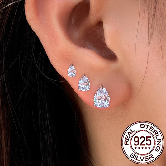 QooLady S925 Sterling Silver Shiny Cubic Zirconia Water Drop Stud Earrings for Women Trendy Party Jewelry Accessories Gift SE127