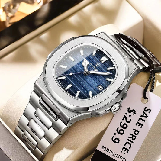 POEDAGAR Luxury Watch Business 50 ATM Waterproof Male Clock Luminous Date Stainless Steel Square Quartz Men Watches reloj hombre