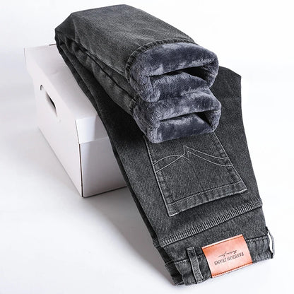 2024 New Men's Clothing Casual Jeans Winter New Fleece Pants Thick Warm Fashion Straight Fit Male Denim Trousers