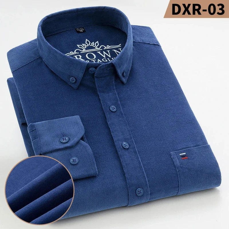 2023 Cotton Corduroy Autumn Winter Long Sleeve Regular Fit Mens Casual Shirt Warm Solid Men's Shirts With Pokets