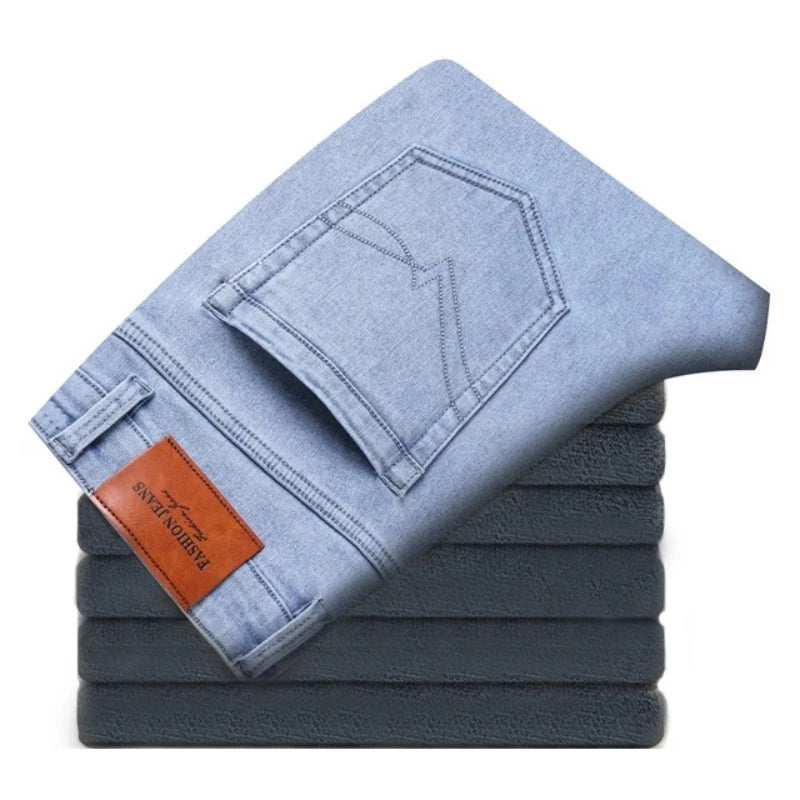 2024 New Men's Clothing Casual Jeans Winter New Fleece Pants Thick Warm Fashion Straight Fit Male Denim Trousers