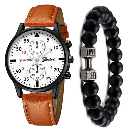 4/2/1pcs New Men Sports Watches Set Man Business Quartz Wristwatch Luxury Brown Leather Bracelet Men Casual Clock Watch（No Box）