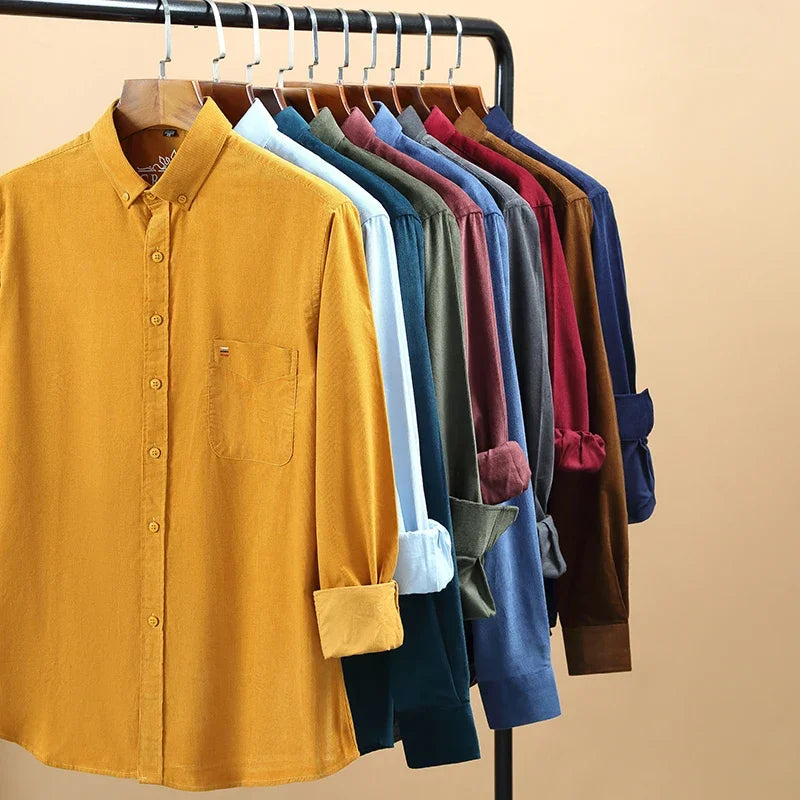 2023 Cotton Corduroy Autumn Winter Long Sleeve Regular Fit Mens Casual Shirt Warm Solid Men's Shirts With Pokets