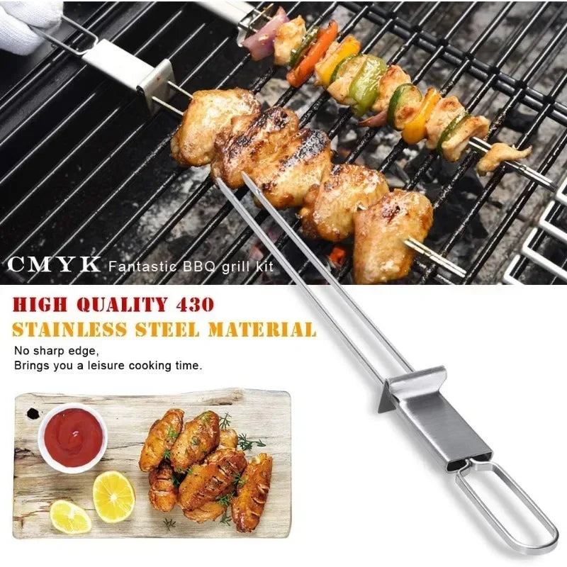 1PC Stainless Steel Double Needle Barbecue Skewers with Self Push Plate Barbecue Forks Outdoor Home BBQ Accessories Picnic