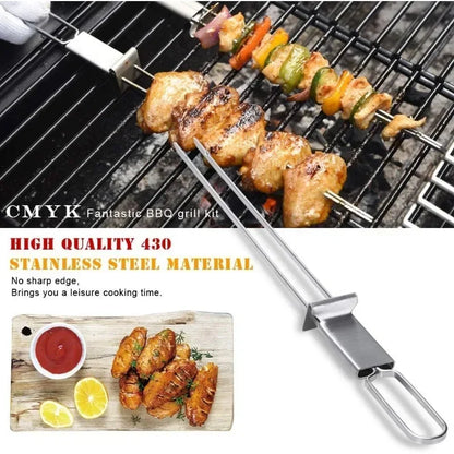 1PC Stainless Steel Double Needle Barbecue Skewers with Self Push Plate Barbecue Forks Outdoor Home BBQ Accessories Picnic