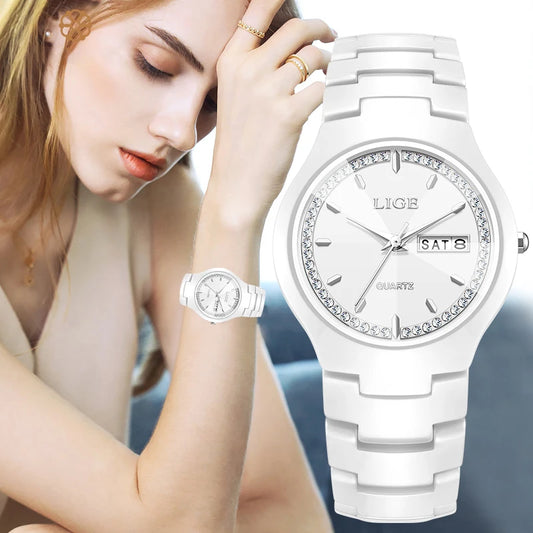 LIGE Fashion Luxury Woman Watch Elegant Top Brand Ceramics Diamond Waterproof  Week Calendar Ladies Quartz Watches for Women+Box