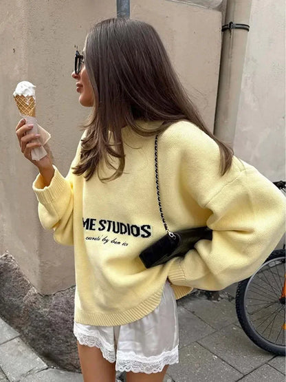 Eme Studios Women Full Sleeve Round Neck Loose Top Casual Knitted Pleated Sweaters Autumn Lady Daily Street Commute Outfits