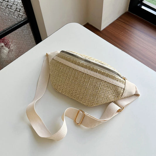 Boho Braided Fanny Pack Patchwork Straw Beach Bag for Women's Summer Hand-Woven Bum Bag Adjustable Strap Crossbody Shoulder Bags