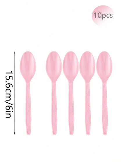 Pink Party Supplies Set Include Paper Plastic Spoons Forks Knives 9/7 Inch Disposable Dinner Dessert Plates