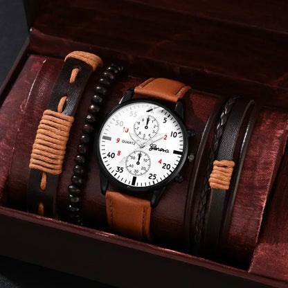 4/2/1pcs New Men Sports Watches Set Man Business Quartz Wristwatch Luxury Brown Leather Bracelet Men Casual Clock Watch（No Box）
