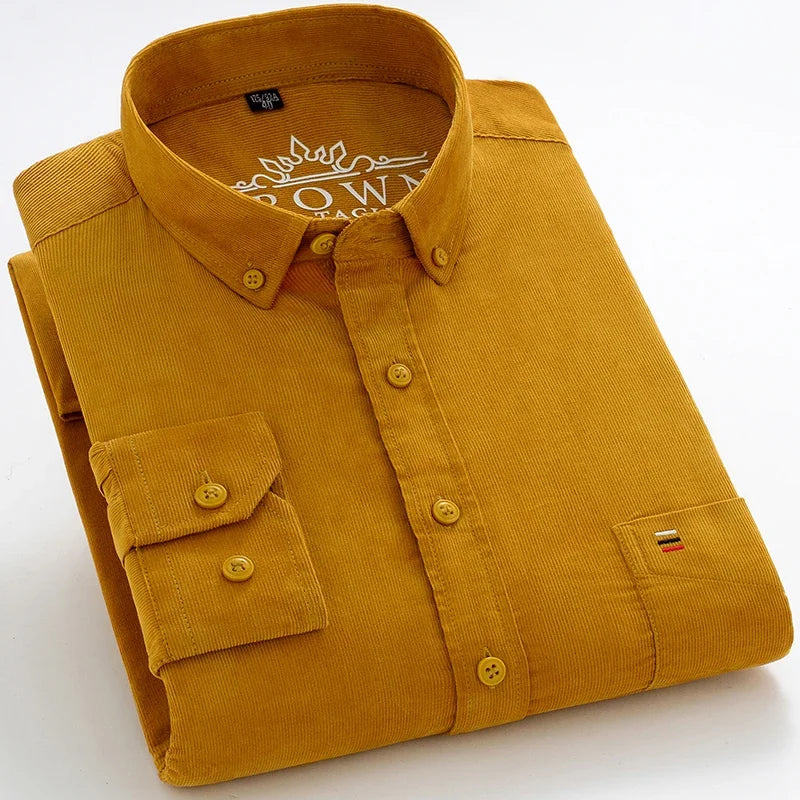 2023 Cotton Corduroy Autumn Winter Long Sleeve Regular Fit Mens Casual Shirt Warm Solid Men's Shirts With Pokets