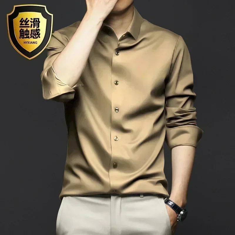 X-6XL Orange Men's Long Sleeve Shirt Luxurious Wrinkle Resistant and Non ironing Solid Business Casual Dress Shirt