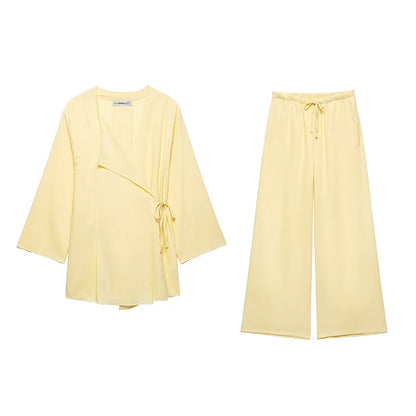 TFMLN Fashion 2 Pieces Sets Women Spring Summer Kimono Style Loose Lace Up Shirts Tops Women's Wide Leg Pants Sets