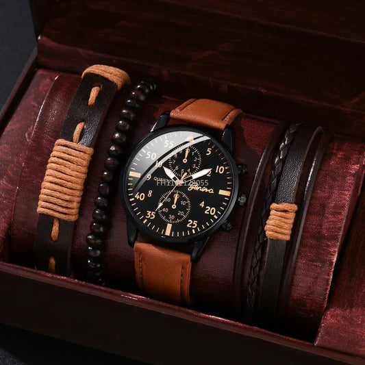 4/2/1pcs New Men Sports Watches Set Man Business Quartz Wristwatch Luxury Brown Leather Bracelet Men Casual Clock Watch（No Box）