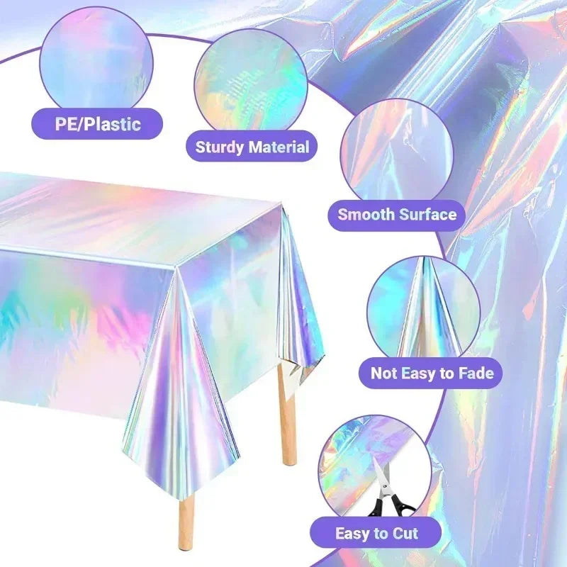 Disposable Shimmering Laser Rainbow Tablecloth Aluminum Film Tablecloth Decor for Birthday Wedding Parties Festive Supplies