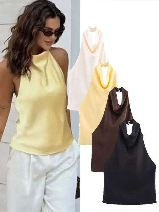 HH 2025 Summer Women's Sexy Solid Color Halter Neck Top Retro Backless Buttons Women's Slim Body New Fashion Streetwear Y2K