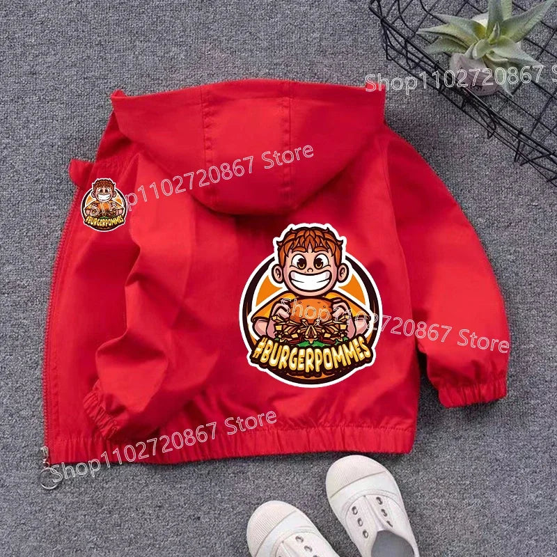 Burgerpommes Icrimax Kid Jacket Boy Anime Cartoon Windbreaker Hooded Trendy Cool Waterproof Top Coat Children's Clothing Gifts