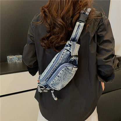 Denim Zipper Waist Packs 2025 Hot Selling Nylon Solid Color Neutral Style Casual Chest Bag Soft Versatile Simple Crossbody Bag