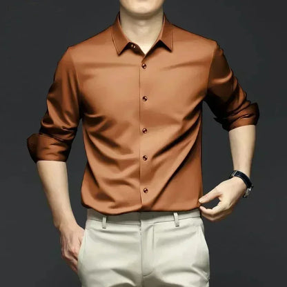 X-6XL Orange Men's Long Sleeve Shirt Luxurious Wrinkle Resistant and Non ironing Solid Business Casual Dress Shirt