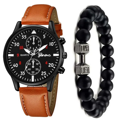 4/2/1pcs New Men Sports Watches Set Man Business Quartz Wristwatch Luxury Brown Leather Bracelet Men Casual Clock Watch（No Box）
