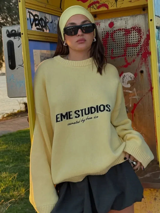Eme Studios Women Full Sleeve Round Neck Loose Top Casual Knitted Pleated Sweaters Autumn Lady Daily Street Commute Outfits