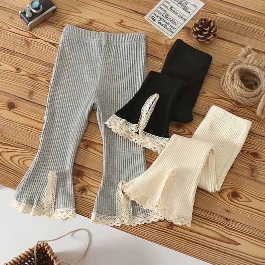 0-6Y Baby Girl 2025 Early Autumn New Korean Children's Flared Lace Pant with Elastic Knitted Strips Versatile Solid Color Pants