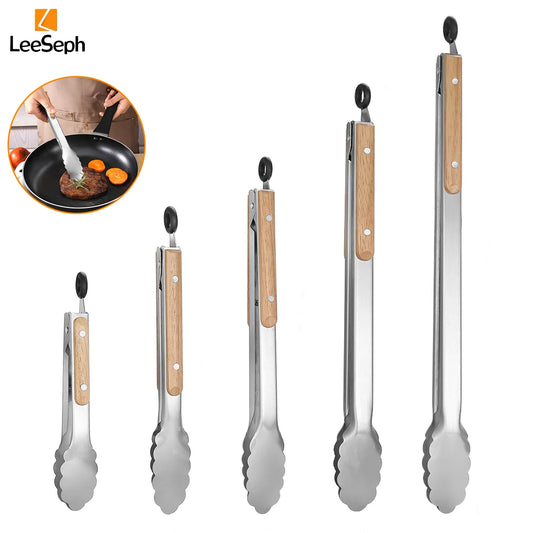 Leeseph Stainless Steel Food Tongs, Heavy Duty Kitchen Tongs with Wooden Handle for Cooking, Grilling and BBQ, 7-16 Inch Length