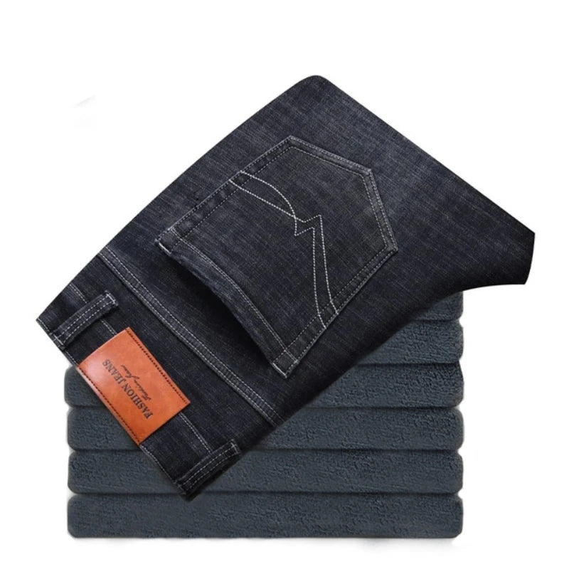2024 New Men's Clothing Casual Jeans Winter New Fleece Pants Thick Warm Fashion Straight Fit Male Denim Trousers