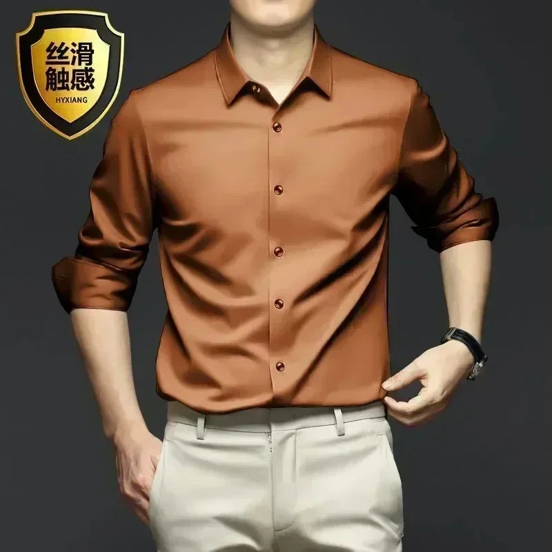 X-6XL Orange Men's Long Sleeve Shirt Luxurious Wrinkle Resistant and Non ironing Solid Business Casual Dress Shirt
