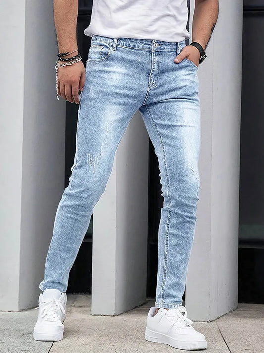 2025 Men's Slim Four-Season Washed Fashion Jeans Stretch Slim Fit Light Blue Gray Black Casual Denim Pants