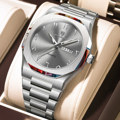 POEDAGAR Military Watch For Men Waterproof Luxury Week Calendar Man Wristwatch Quartz Stainless Steel Fashion Men's Watches Male