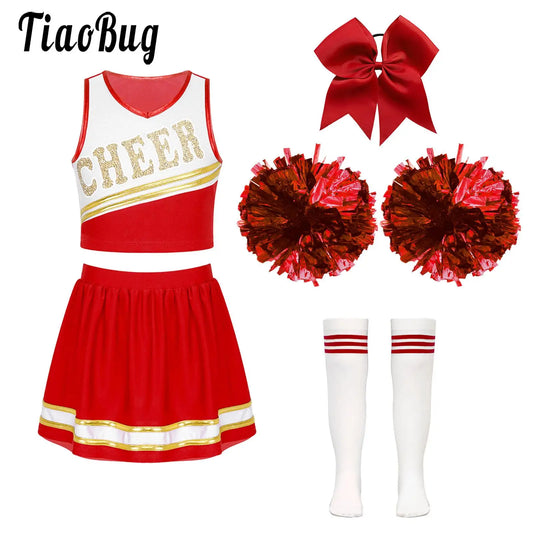 Cheerleader Costume Girls Kids Cheerleading Dance Dresses Pom Pom and Socks Set Cheer School Cosplay Carnival Halloween Clothes