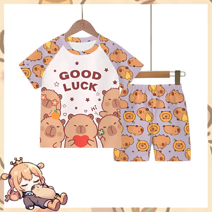 2pc Capybara Kids Pajama Set 5-14 Years, Summer Cartoon Short Sleeve Sleepwear with Hamburger Print, Breathable Boys Girls PJs