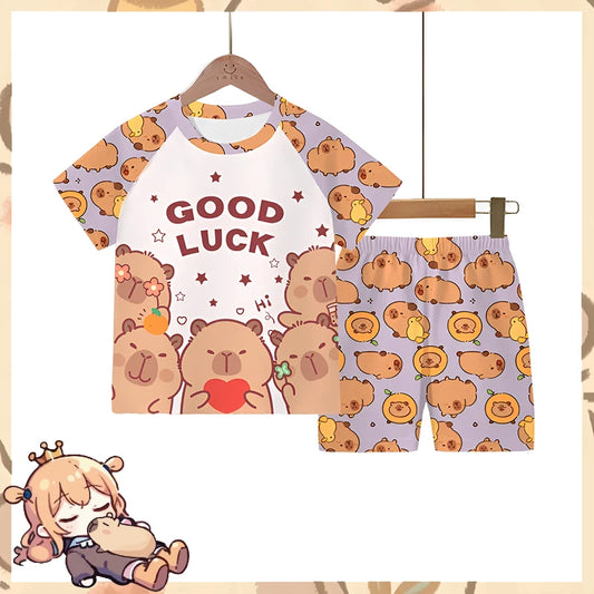 2pc Capybara Kids Pajama Set 5-14 Years, Summer Cartoon Short Sleeve Sleepwear with Hamburger Print, Breathable Boys Girls PJs
