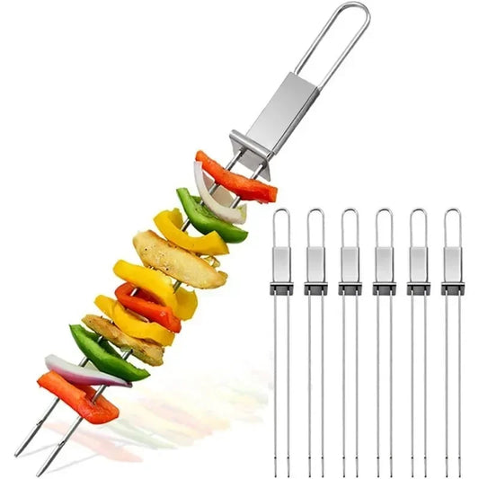 1PC Stainless Steel Double Needle Barbecue Skewers with Self Push Plate Barbecue Forks Outdoor Home BBQ Accessories Picnic