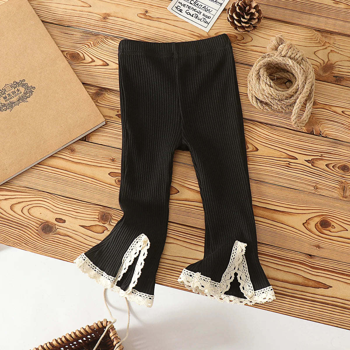 0-6Y Baby Girl 2025 Early Autumn New Korean Children's Flared Lace Pant with Elastic Knitted Strips Versatile Solid Color Pants