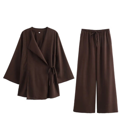 TFMLN Fashion 2 Pieces Sets Women Spring Summer Kimono Style Loose Lace Up Shirts Tops Women's Wide Leg Pants Sets