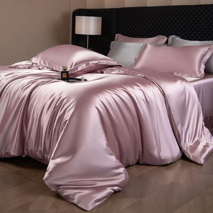 Silk Bed Sheets Set Luxury Bedding Set with Duvet Cover Fitted/Flat Bedheet Pillowcases Mixed with Rayon King Queen Full Twin