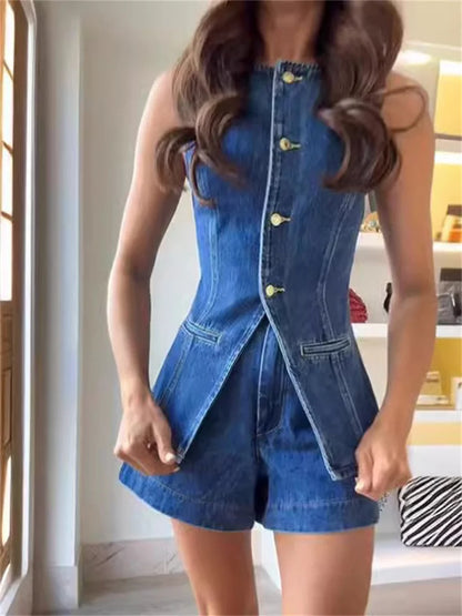 חליפת מכנסי ג'ינס קצרים לנשים ללא שרוולים, צווארון O, חזה יחיד, גזרה עליונה מפוצלת, מותן גבוה, מכנסיים רחבים, סטים לנשים 2024