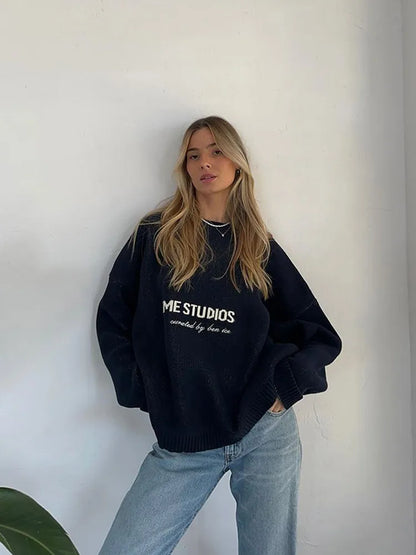 Eme Studios Women Full Sleeve Round Neck Loose Top Casual Knitted Pleated Sweaters Autumn Lady Daily Street Commute Outfits