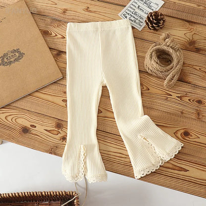 0-6Y Baby Girl 2025 Early Autumn New Korean Children's Flared Lace Pant with Elastic Knitted Strips Versatile Solid Color Pants