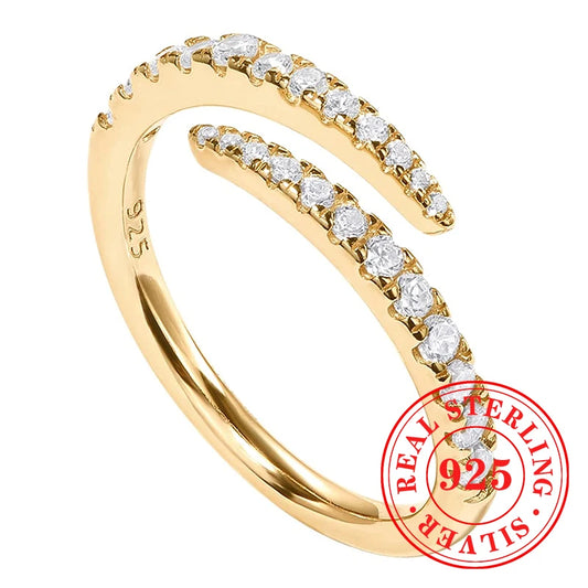 Huitan Real 925 Sterling Silver Gold Color Opening Rings Female Trendy Simple Adjustable Accessories Sparking Engagement Jewelry